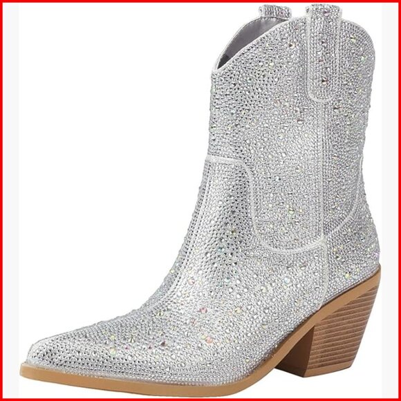 Rhinestone Cowboy Boots Women's Ankle Booties Pointed Toe Chunky Heel